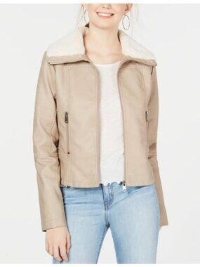 Coffee Shop New York Women's Faux Fur Collar Moto Jacket Beige Size Medium 903